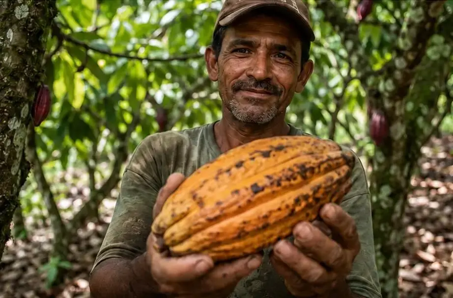 Agricultor do Sul da Bahia segurando um fruto de cacau no sistema cabruca